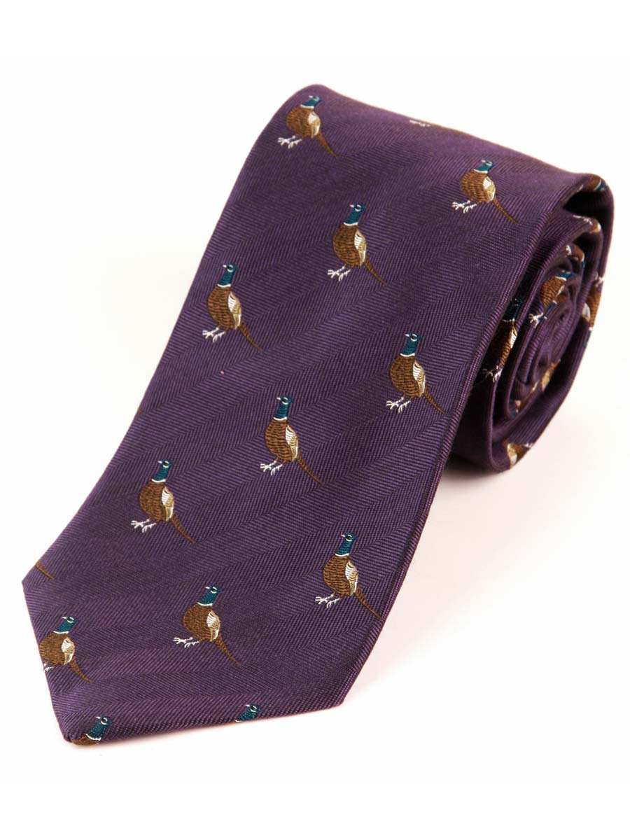 Atkinsons Standing Pheasant Wool & Silk Woven Shooting Tie, Purple