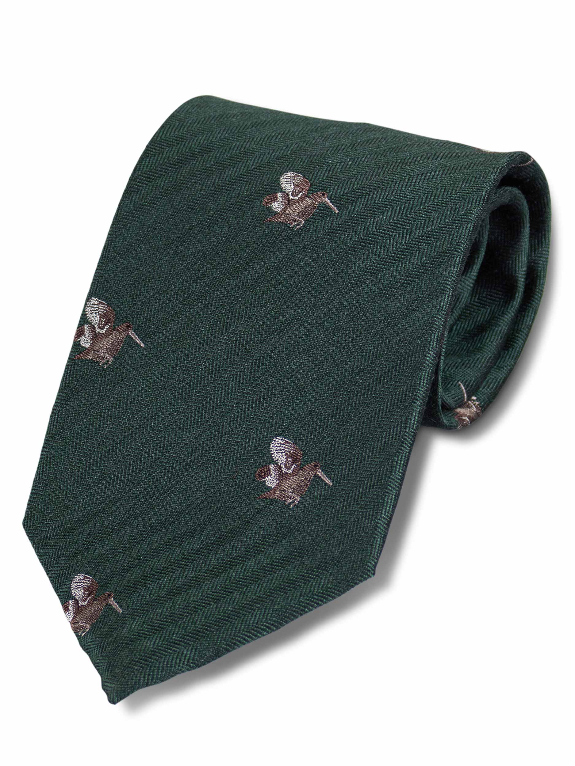 Green Woven Silk Tie with Woodcock Pattern