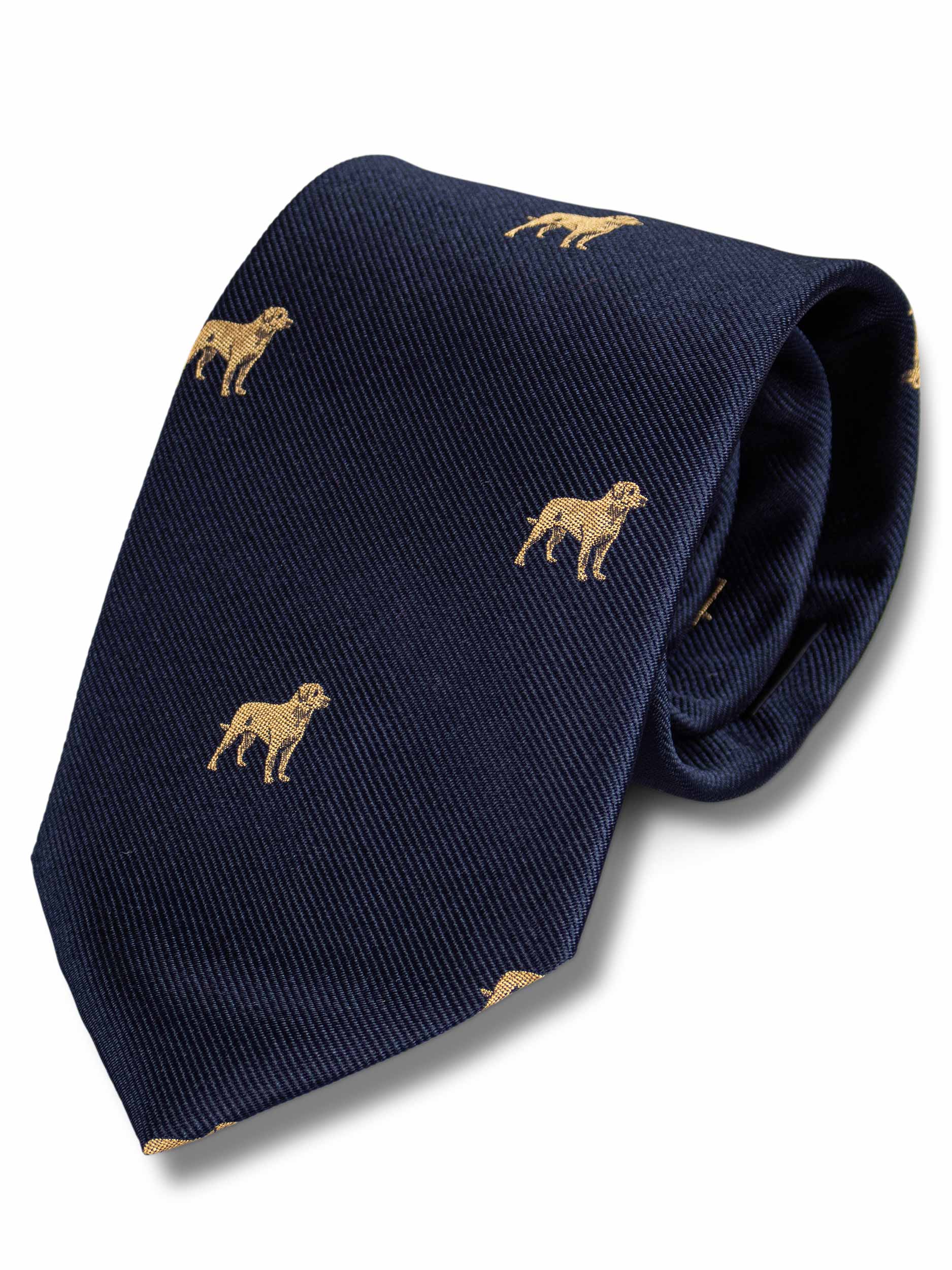 Navy Woven Silk Tie with Labrador Pattern