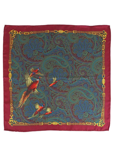 Pheasant Silk Pocket Square, Burgundy