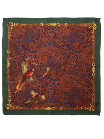 Pheasant Silk Pocket Square, Dark Olive