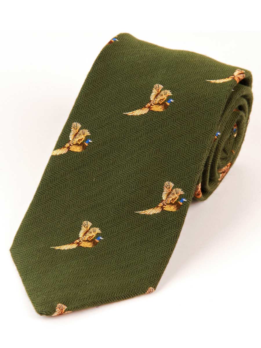 Atkinsons Woven Wool & Silk Flying Pheasant Shooting Tie, Green