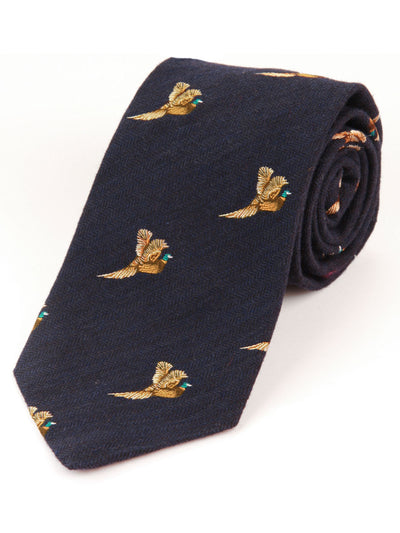 Atkinsons Woven Wool & Silk Flying Pheasant Shooting Tie, Navy