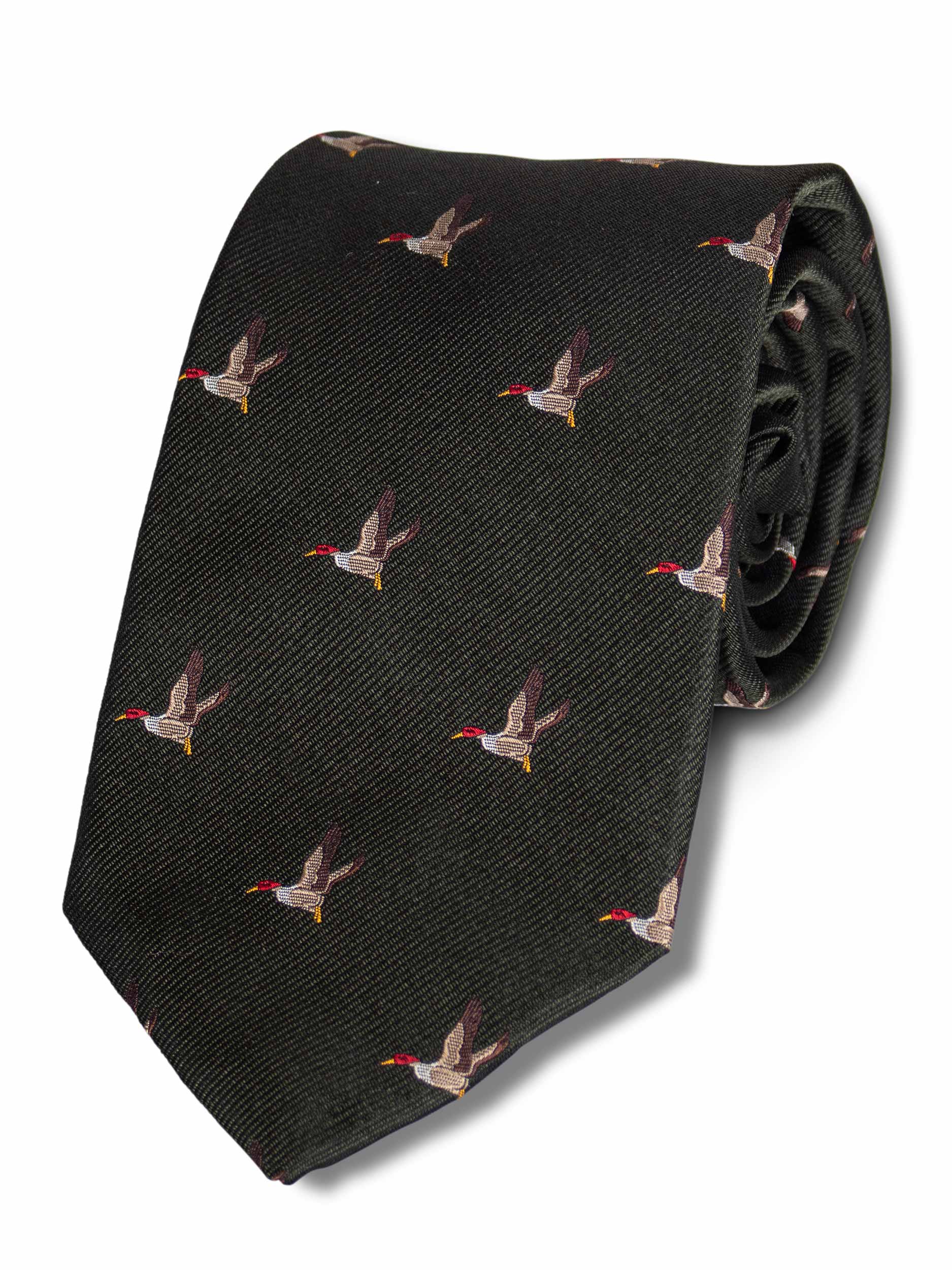 Woven Silk Shooting Tie, Dark Green Background with Flying Duck Detail