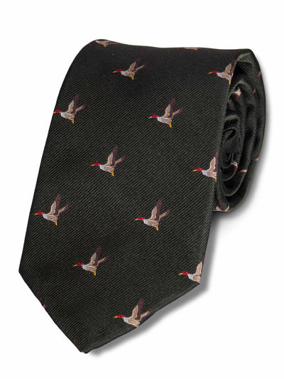 Woven Silk Shooting Tie, Dark Green Background with Flying Duck Detail