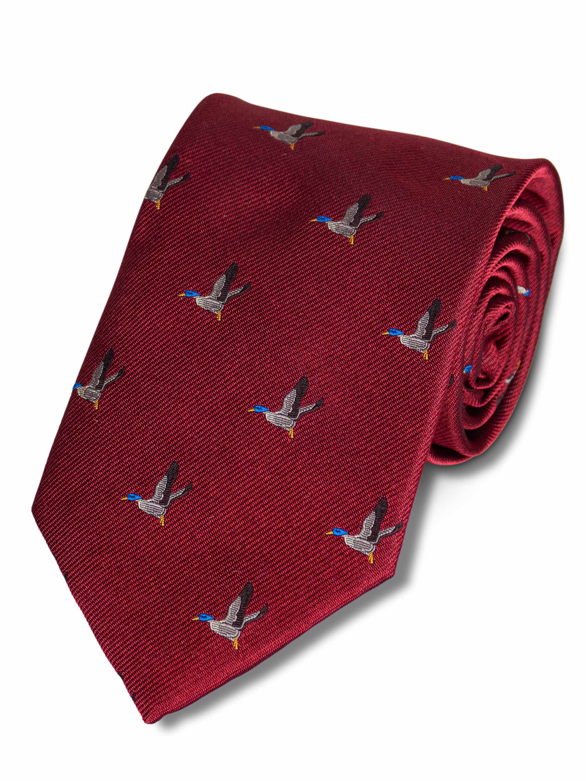 Woven Silk Shooting Tie, Dark Red Background with Flying Duck Detail