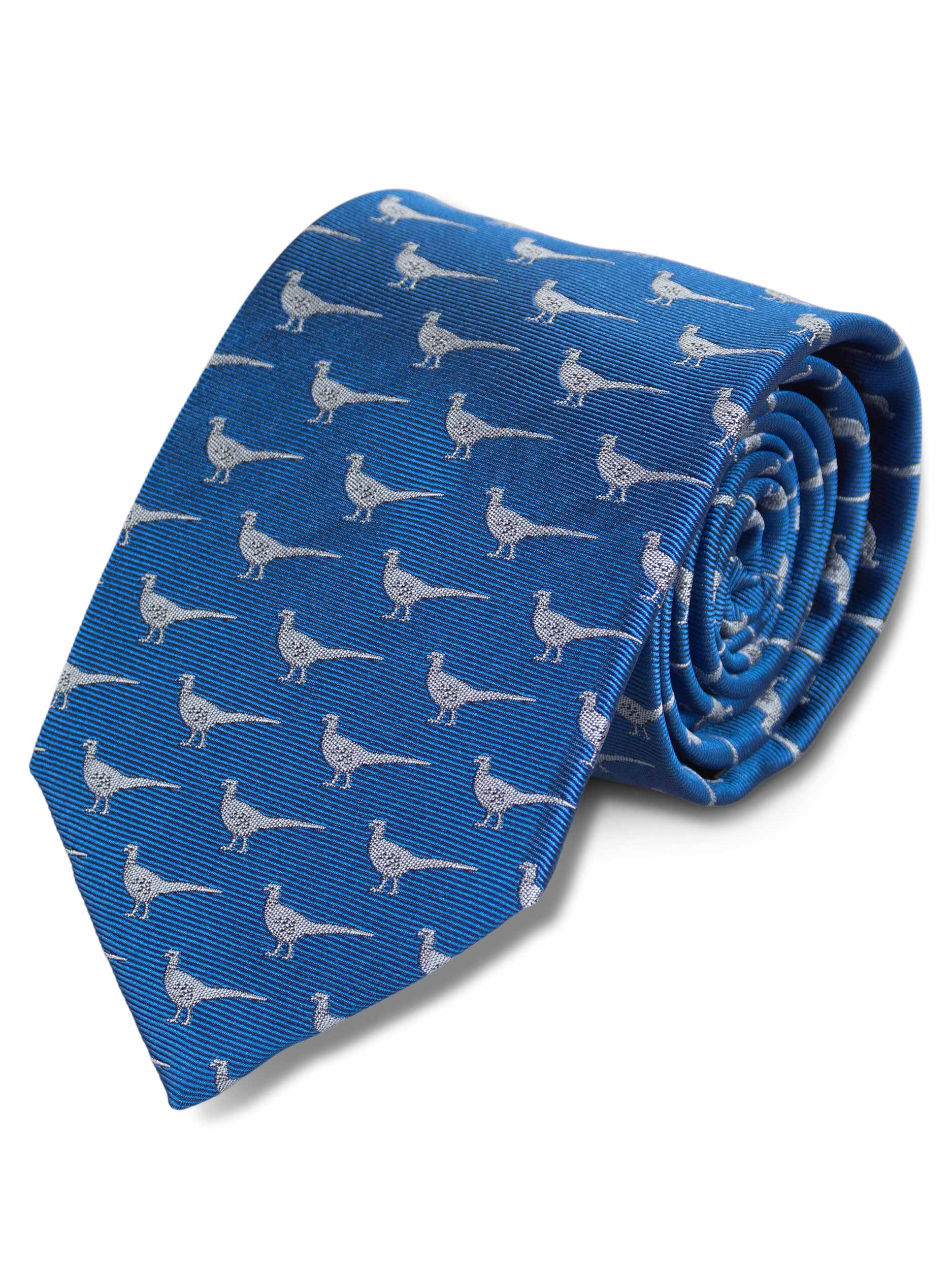 Blue Woven Silk Shooting Tie with Silver Pheasant Silhouette