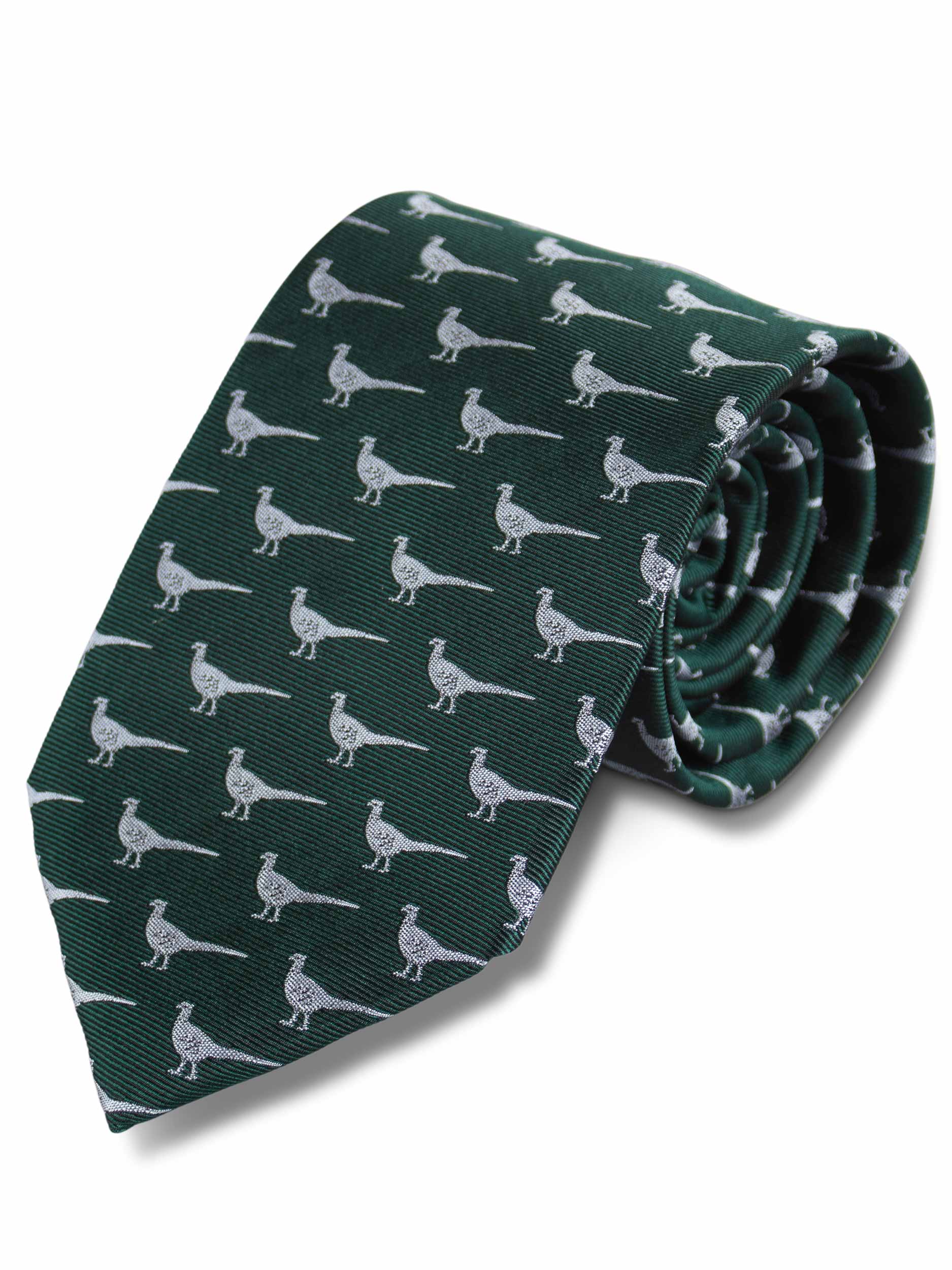 Green Woven Silk Tie with Pheasant Silhouette Detail