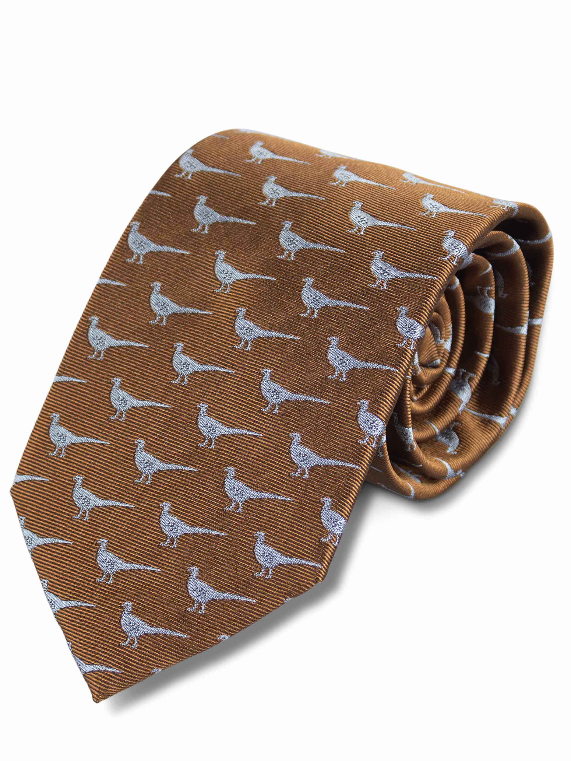 Woven Silk Pheasant Tie, Brown ground with silver/grey pheasant