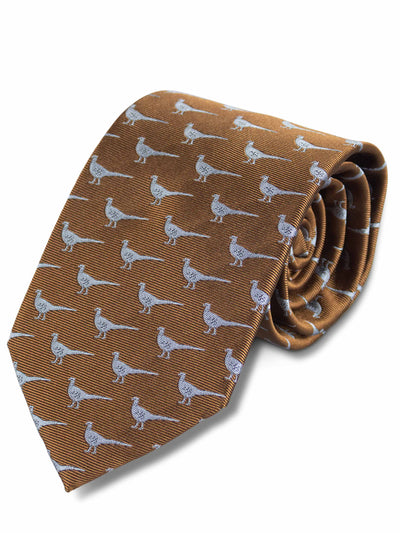 Woven Silk Pheasant Tie, Brown ground with silver/grey pheasant