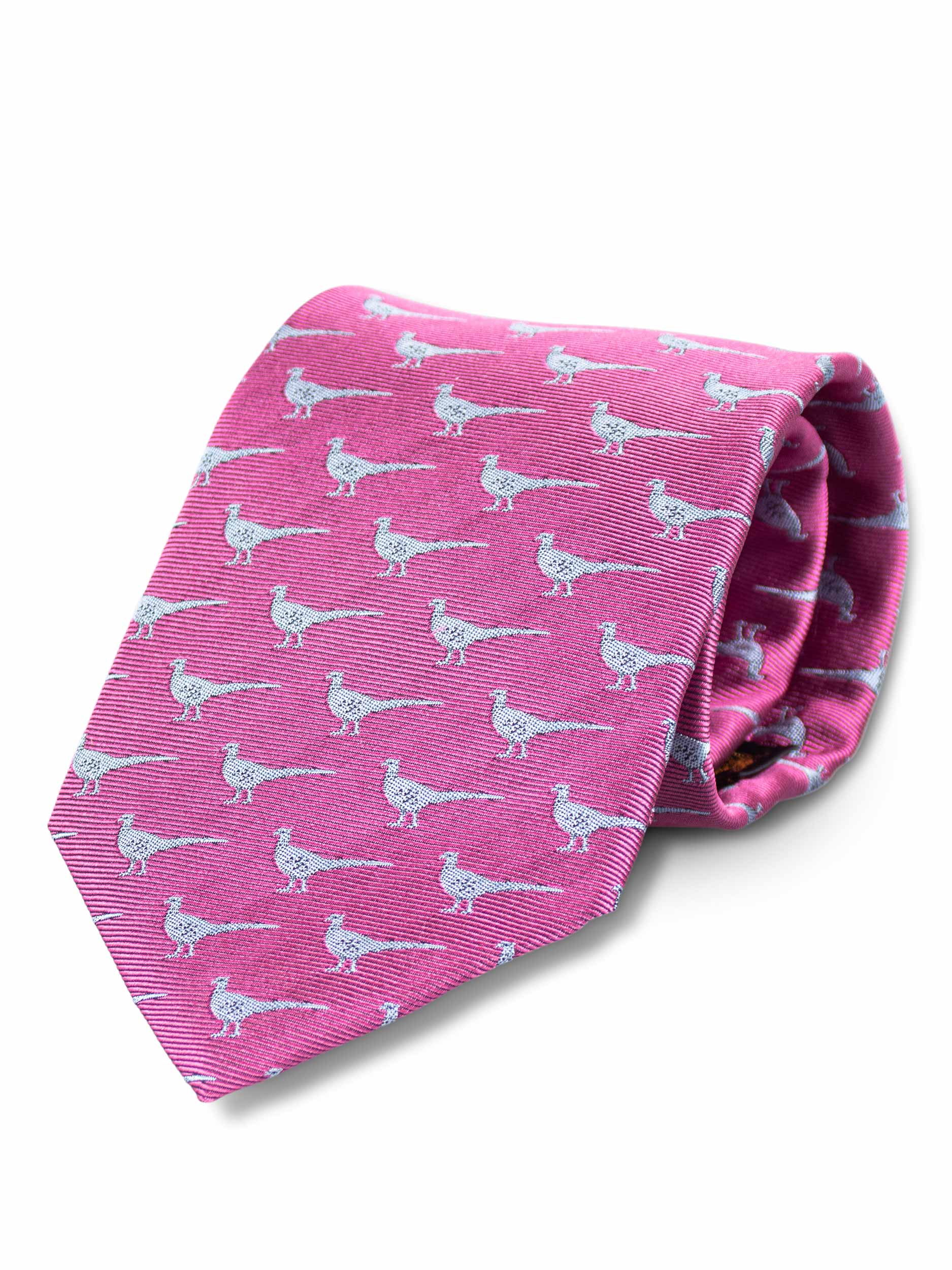 Woven Silk Pink Neck tie in pink with silver pheasant