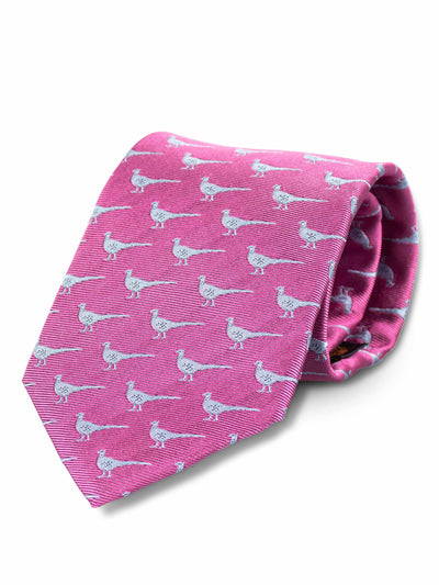 Woven Silk Pink Neck tie in pink with silver pheasant