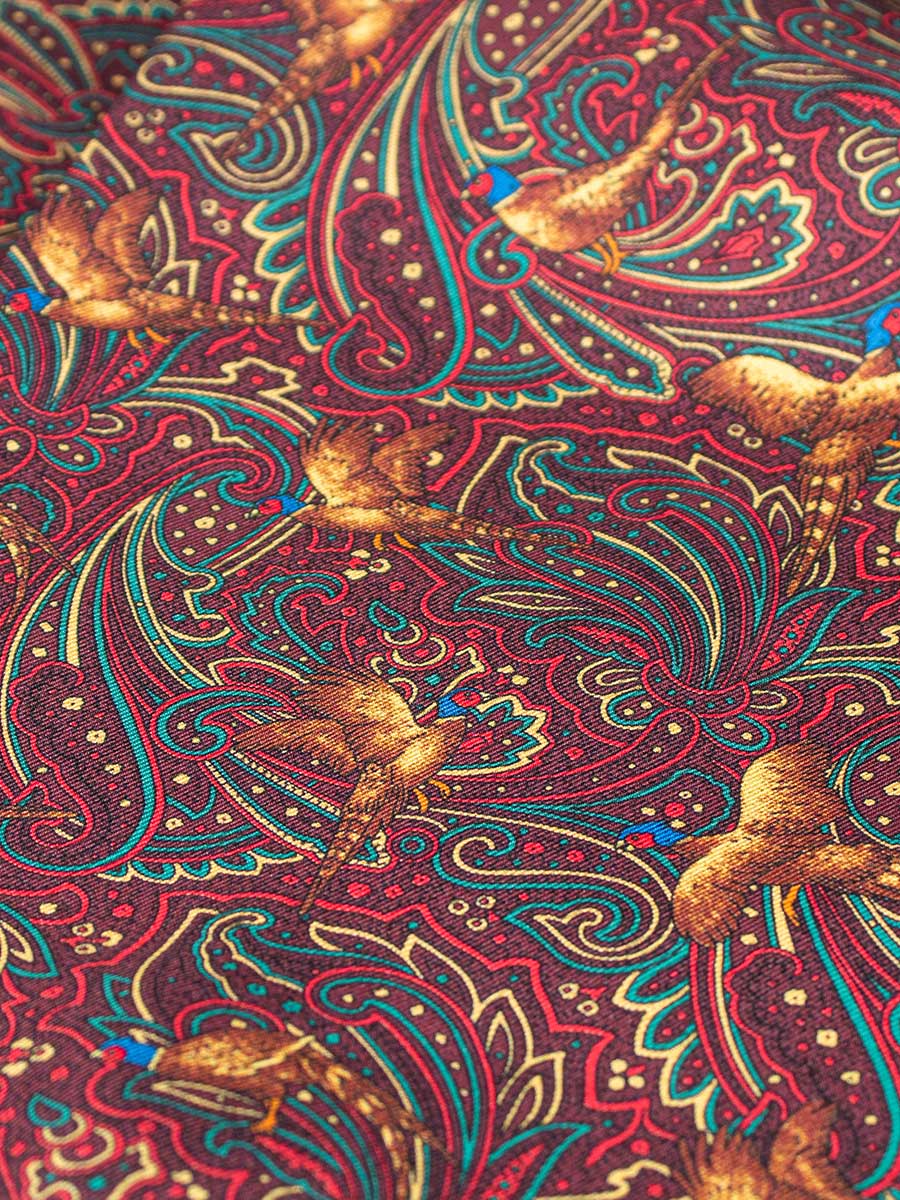 Pure silk cravat, in burgundy ground with paisley and pheasant pattern
