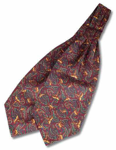 Pure silk cravat, in burgundy ground with paisley and pheasant pattern