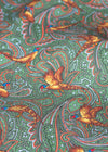 Pure silk, green cravat with paisley and pheasant print pattern