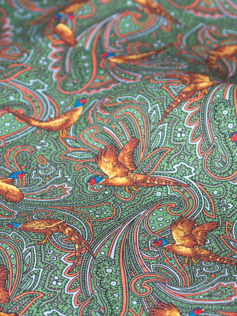 Pure silk, green cravat with paisley and pheasant print pattern