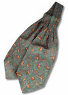 Pure silk, green cravat with paisley and pheasant print pattern