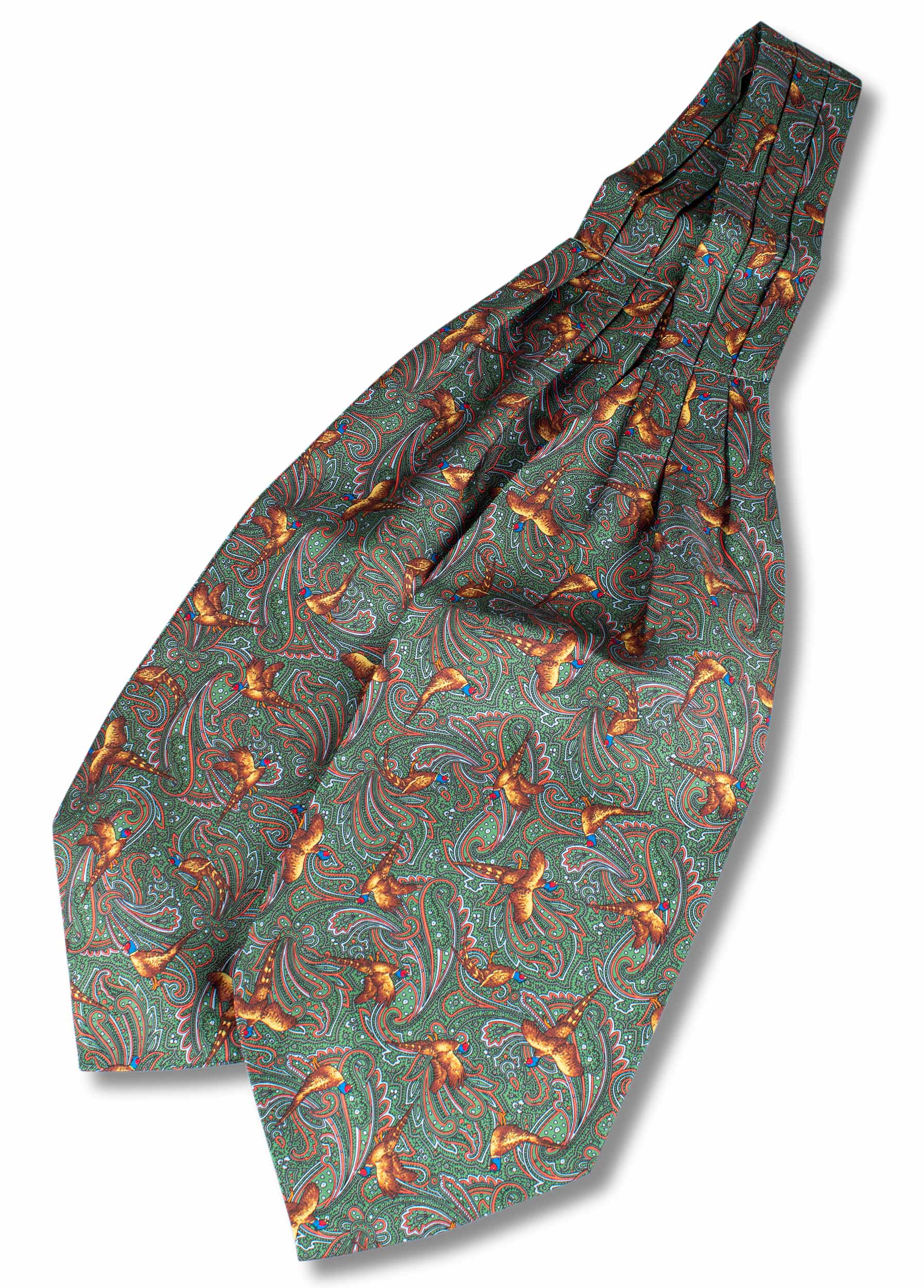 Pure silk, green cravat with paisley and pheasant print pattern