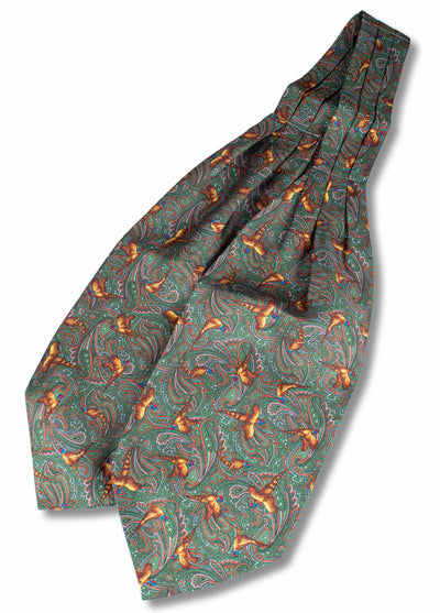 Pure silk, green cravat with paisley and pheasant print pattern
