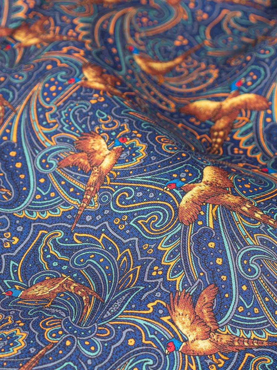 Pure silk cravat, in navy ground with paisley and pheasant pattern