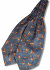 Pure silk cravat, in navy ground with paisley and pheasant pattern