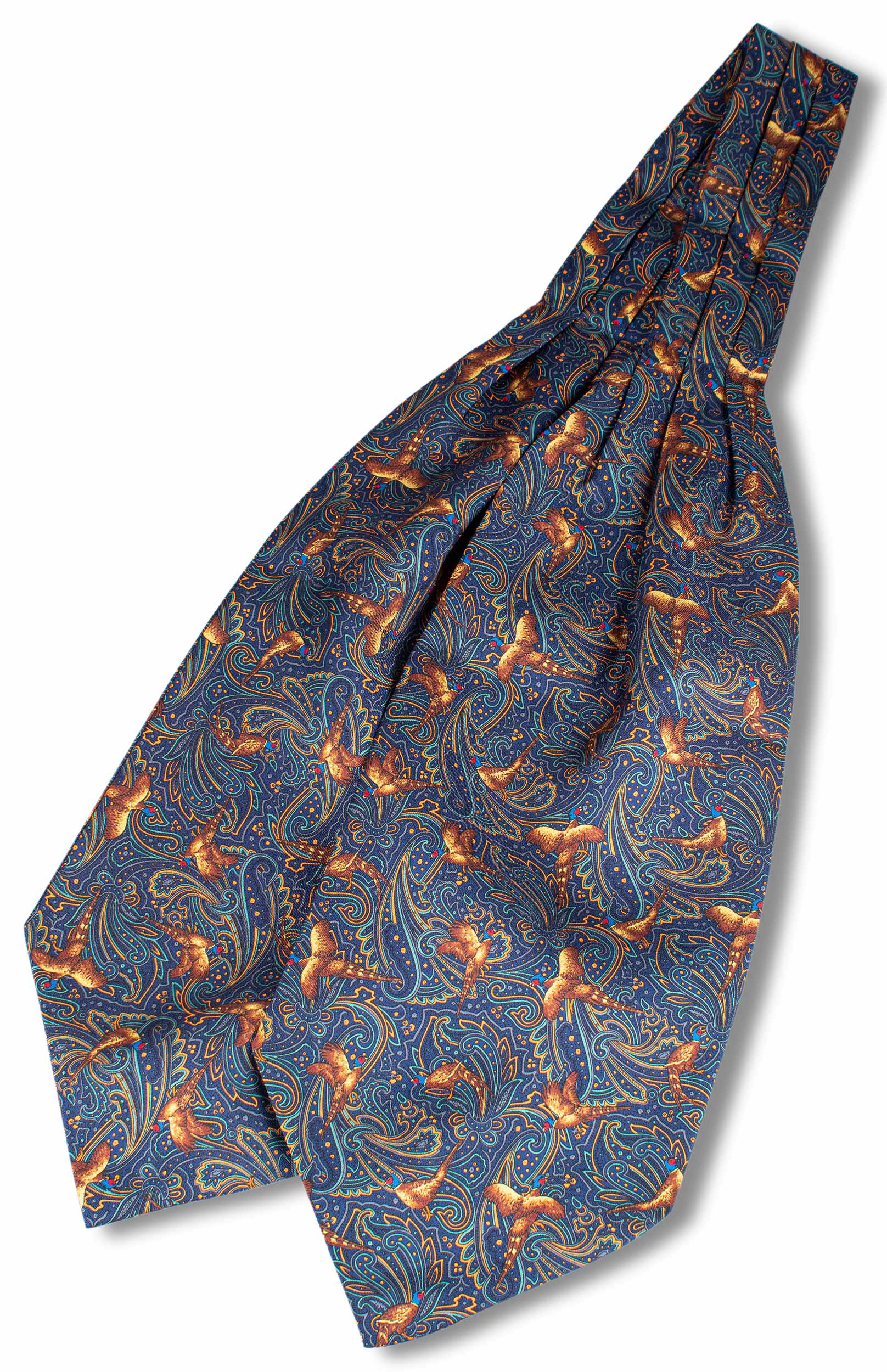 Pure silk cravat, in navy ground with paisley and pheasant pattern
