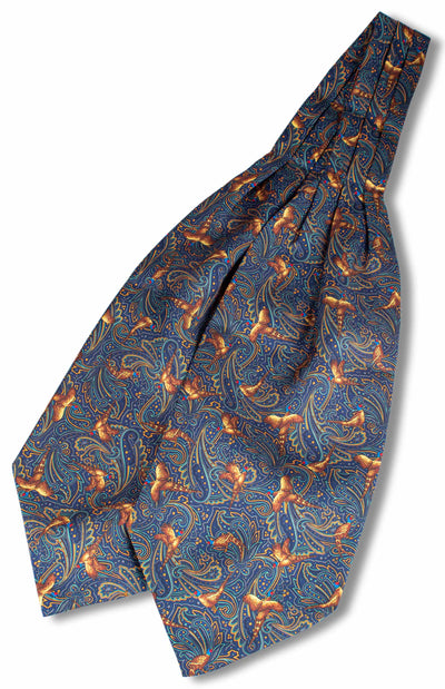 Pure silk cravat, in navy ground with paisley and pheasant pattern