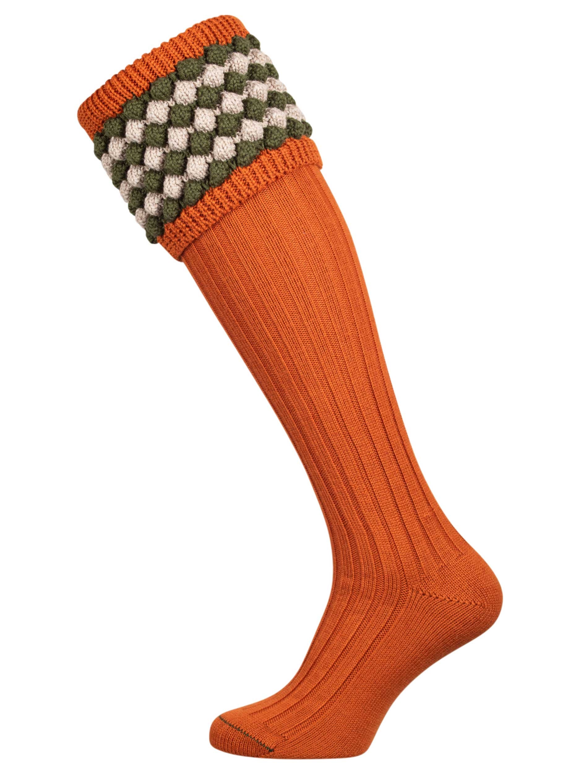 Burnt Orange knitted shooting socks with Khaki & Linen pattern in the turnover top