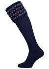 Navy blue knitted shooting socks with Ancient Blue and Mulberry pattern in the turnover top