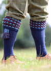 Navy blue shooting Sock with PomPom knit turnover featuring burgundy and pale blue pattern.