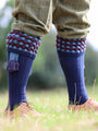 Navy blue shooting Sock with PomPom knit turnover featuring burgundy and pale blue pattern.