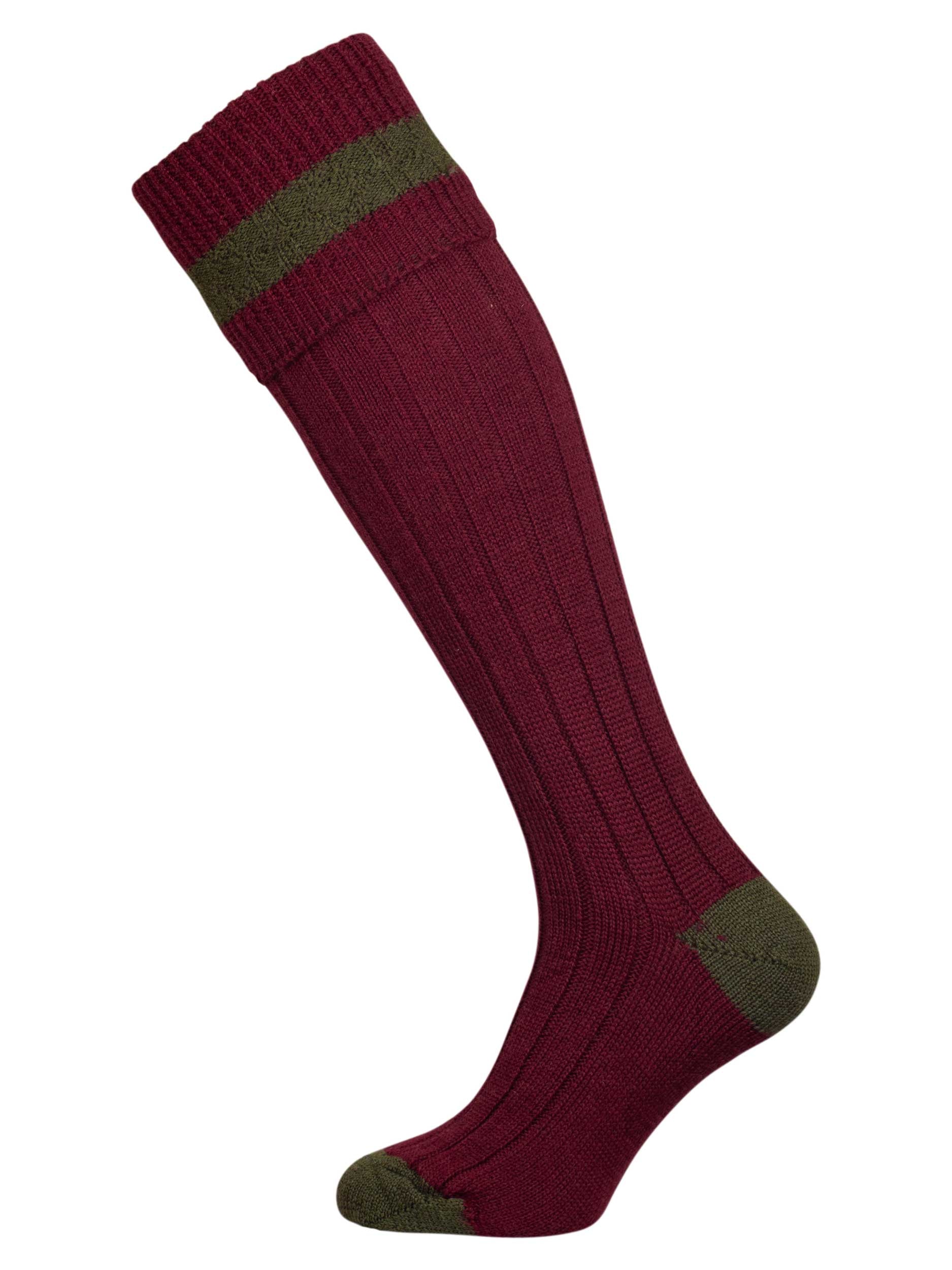 Burgundy knitted shooting socks with olive green pattern in the turnover top