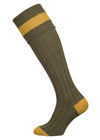 Green long knitted shooting socks with pollen gold pattern in the turnover top