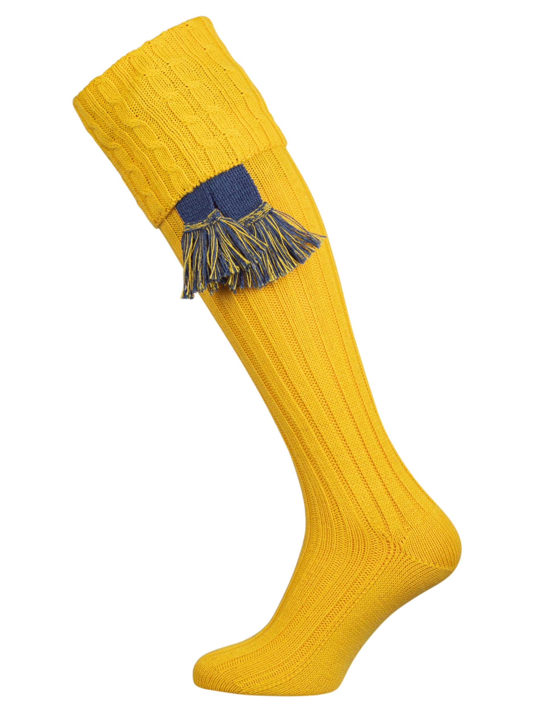 Long knitted shooting socks with a cable turnover in a bright canary yellow.