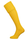 Long knitted shooting socks with a cable turnover in a bright canary yellow.