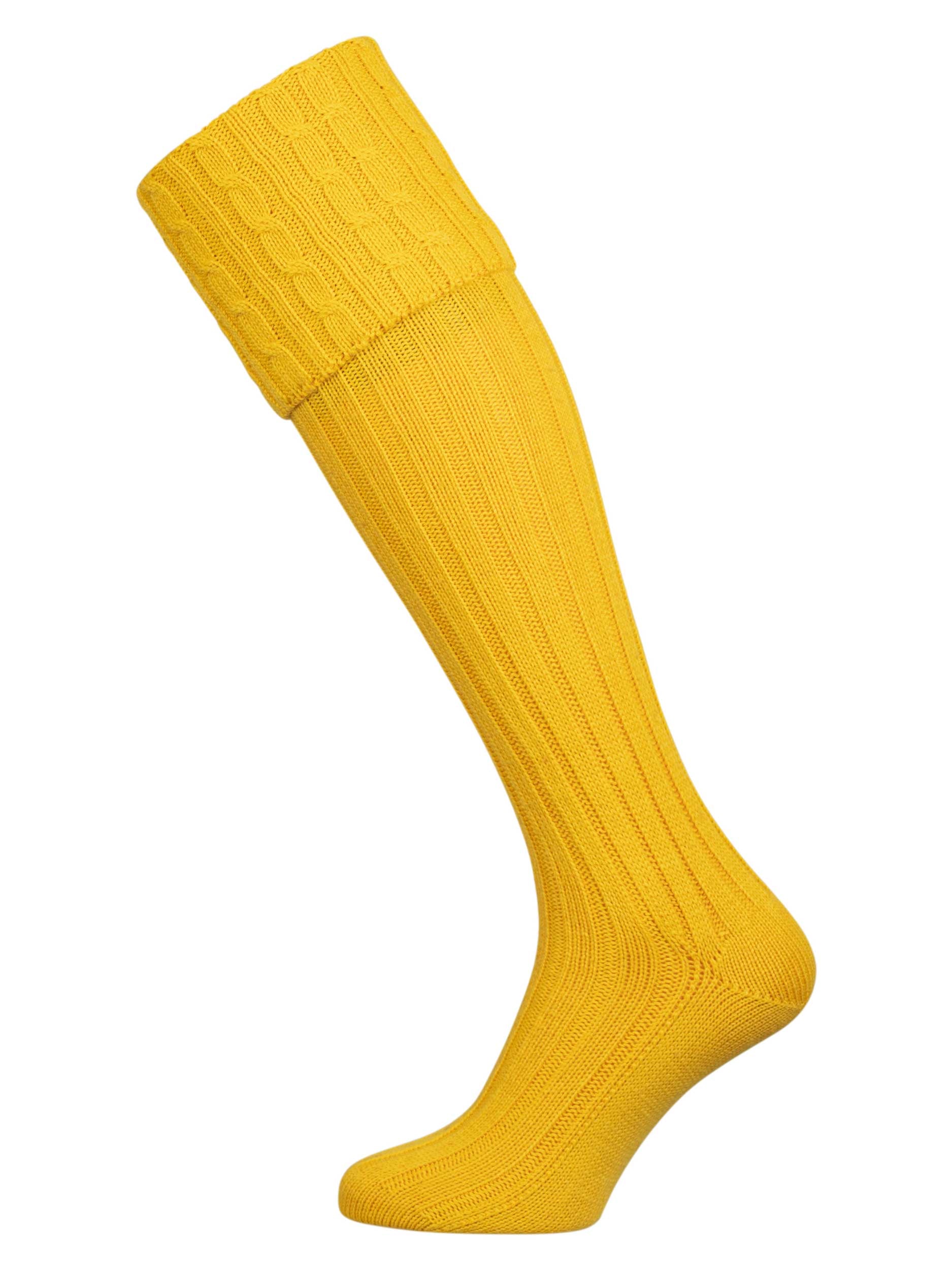 Long knitted shooting socks with a cable turnover in a bright canary yellow.