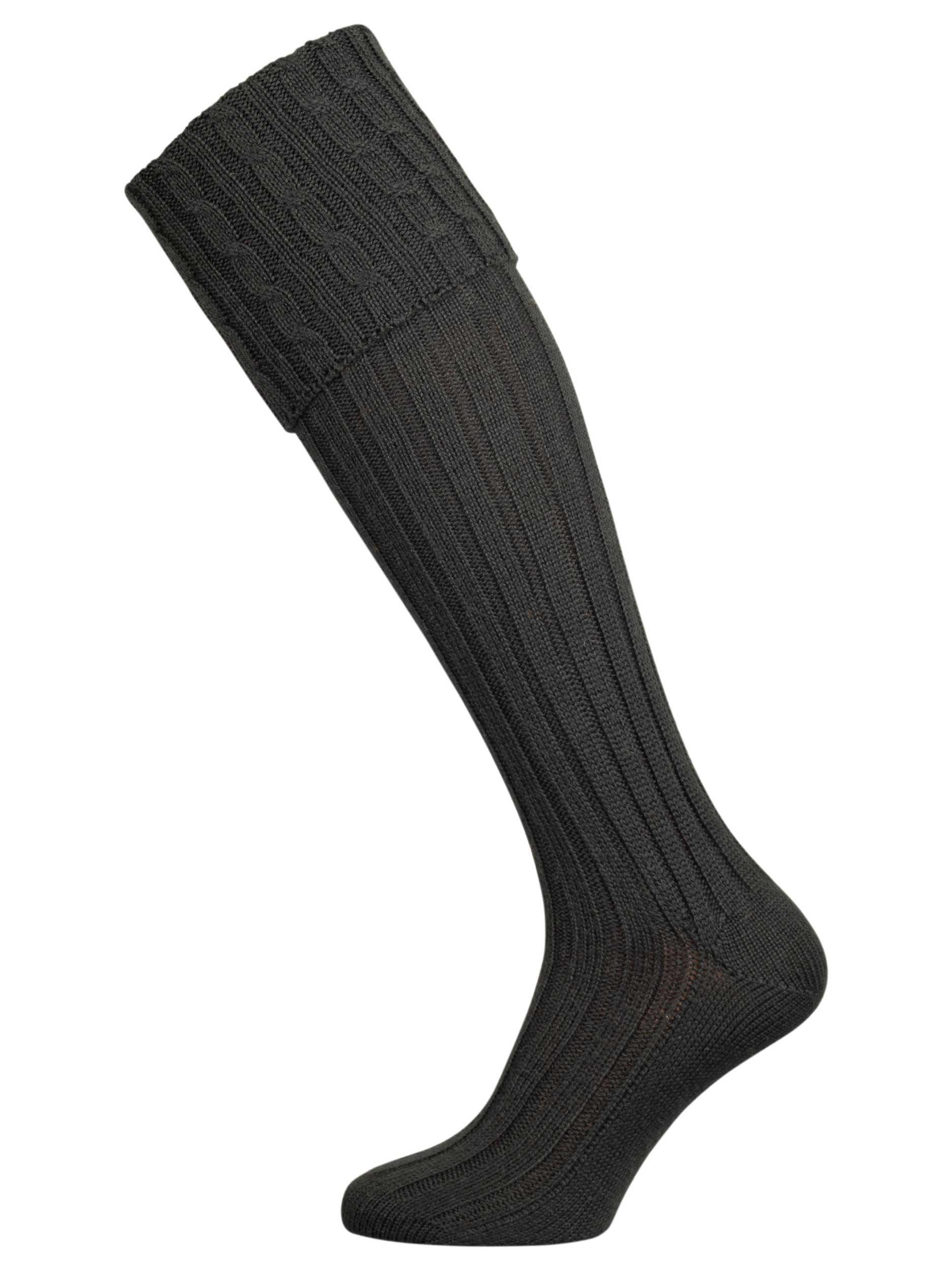 Long knitted shooting socks with a cable turnover in a very dark green.