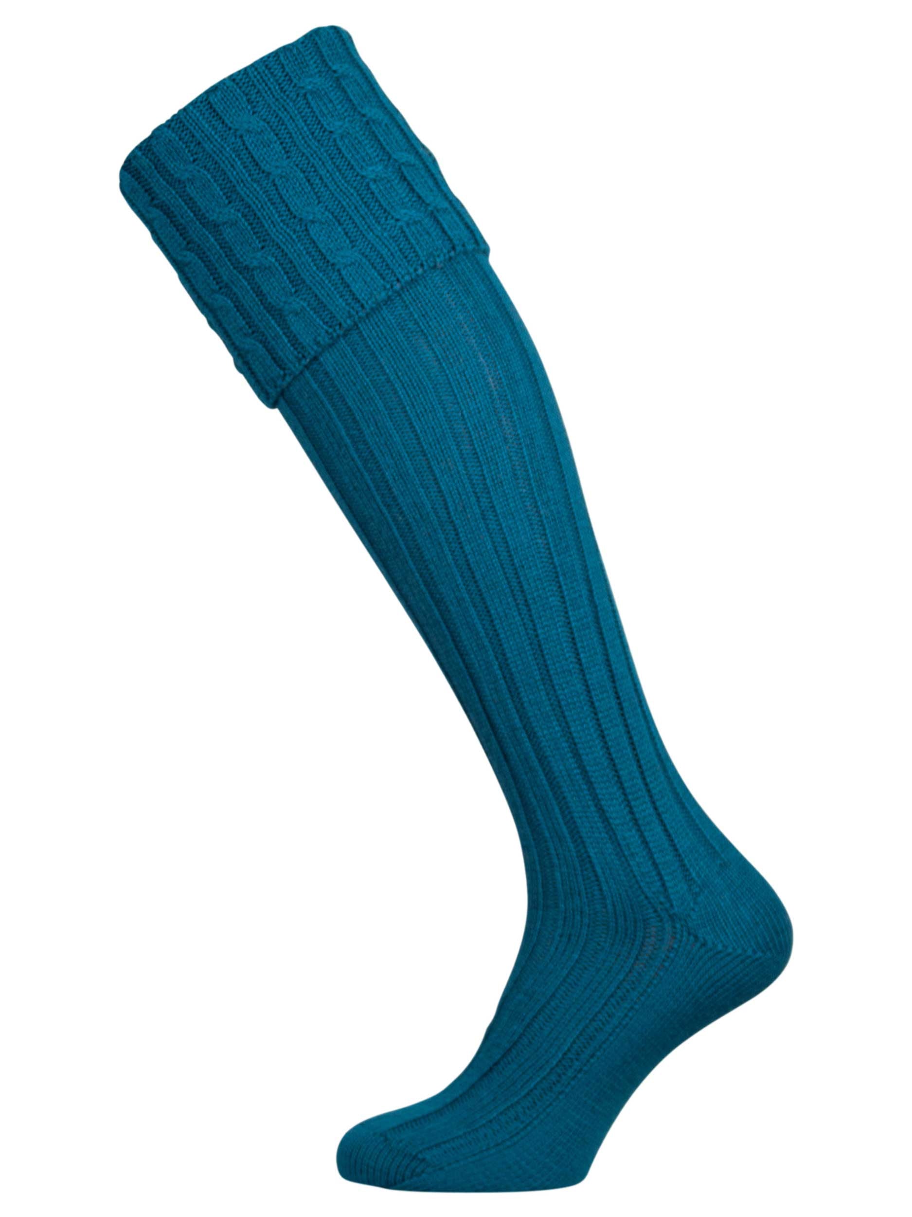 Long knitted shooting socks with a cable turnover in a rich teal petrol blue.