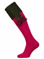Bright pink shooting sock with dark green turnover and optional dark green garter tie
