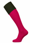 Bright pink shooting sock with dark green turnover