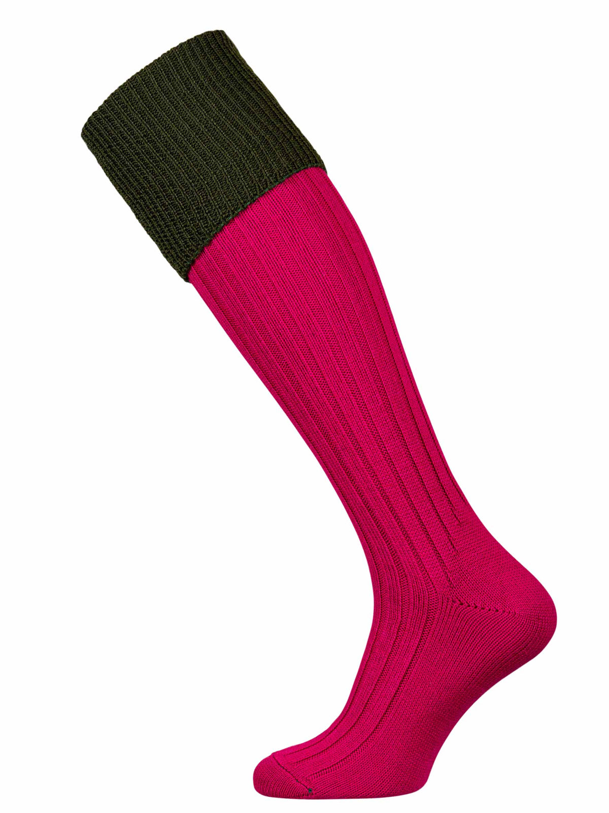 Bright pink shooting sock with dark green turnover