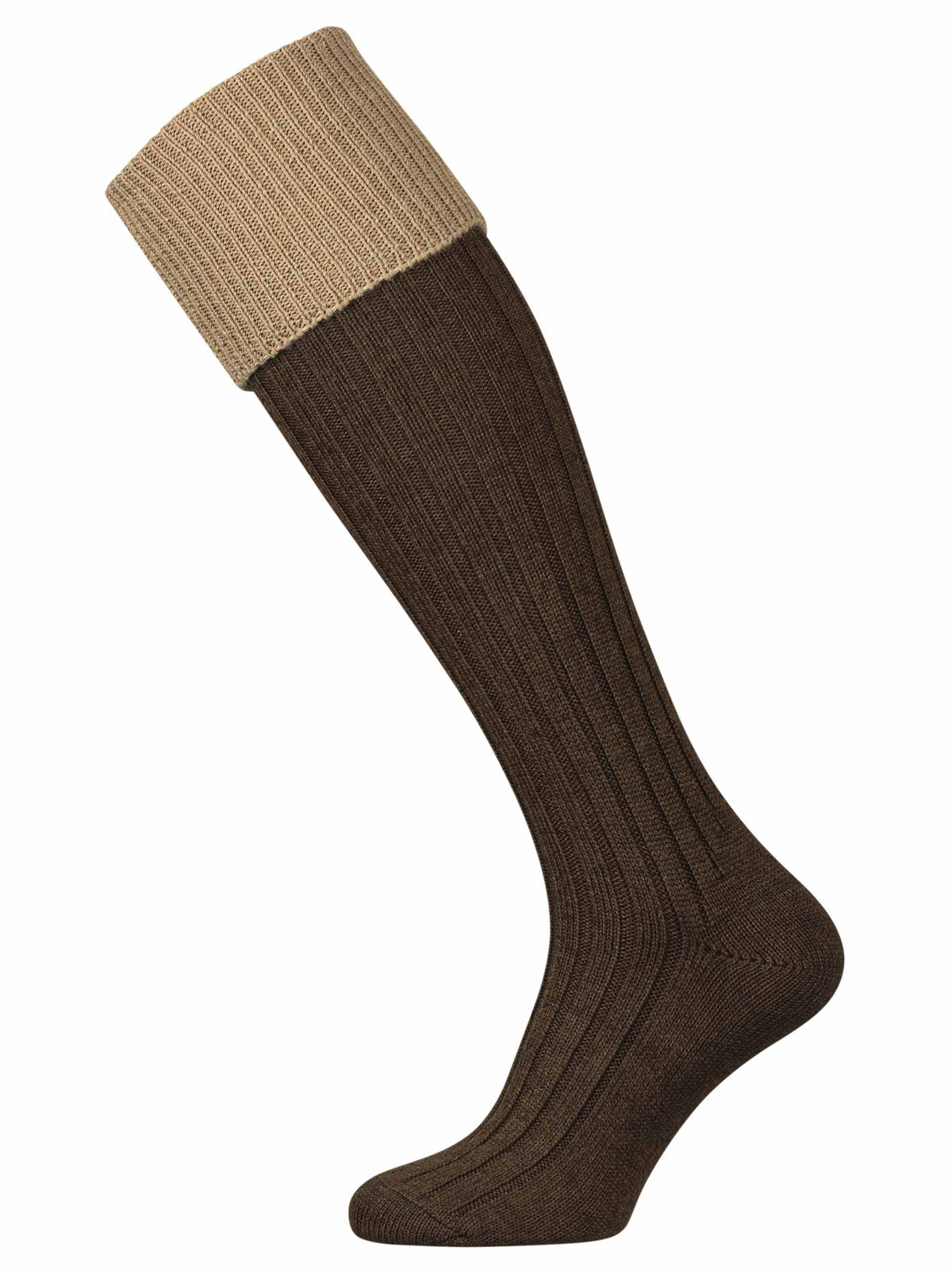 The Lomond Merino Wool Blend Contrast Top Shooting Sock, Truffle & Pebble