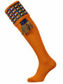 Burnt orange shooting sock with navy blue garter tie