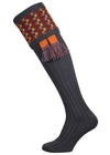 Long dark grey knitted shooting socks with a ribbed leg, features 8 different colours in the pattern turnover top.