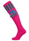 Long knitted shooting socks in bright pink with a ribbed leg, features 8 different colours in the pattern turnover top.