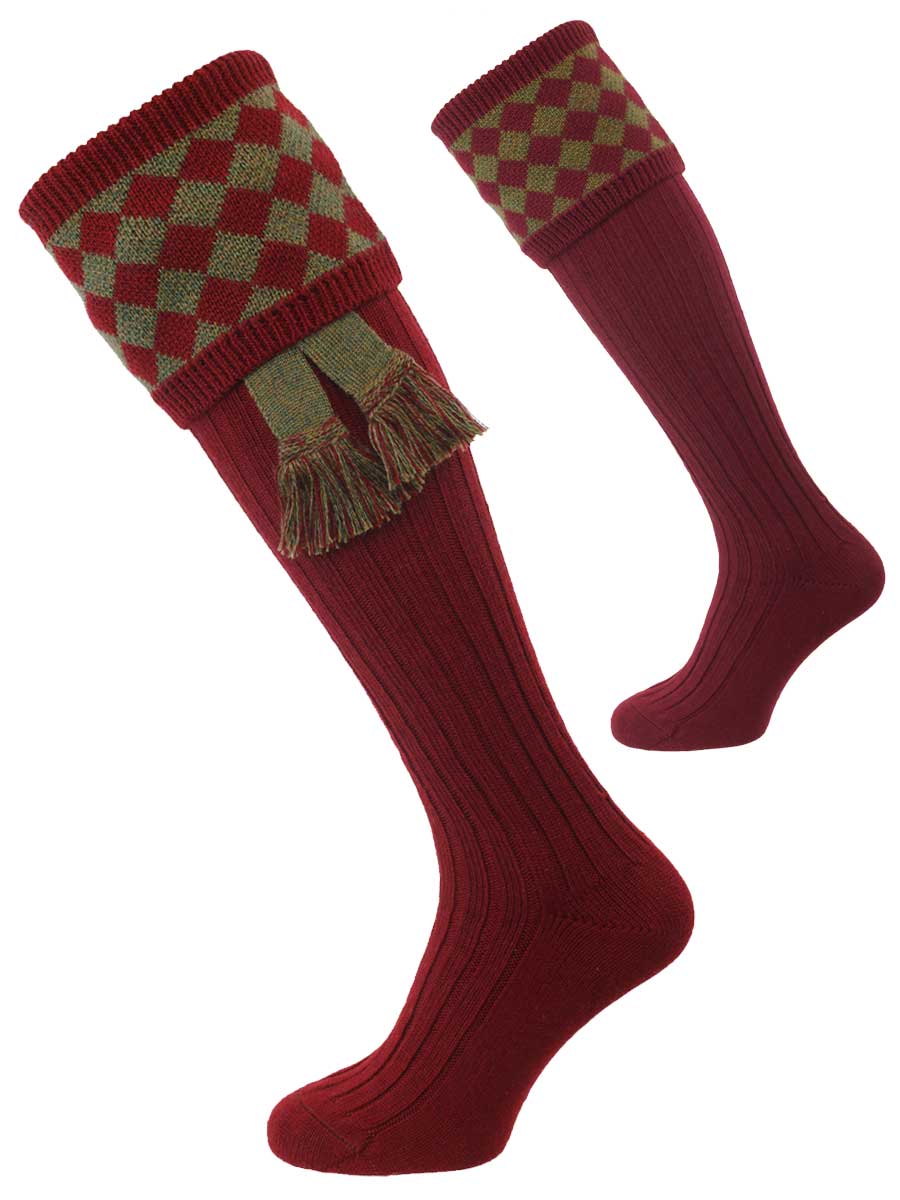 The Chessboard Shooting Sock, Burgundy & Bracken