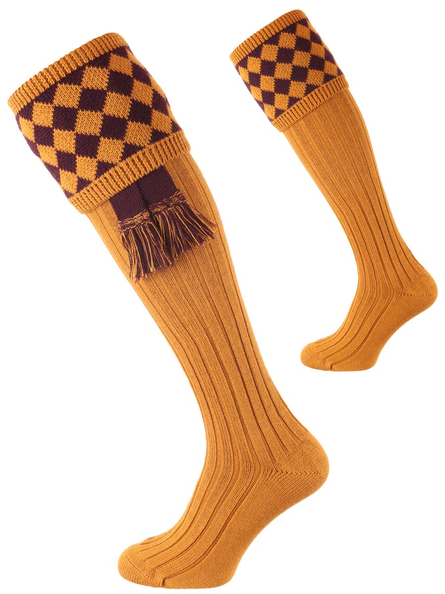 The Chessboard Shooting Sock, Ochre & Mulberry