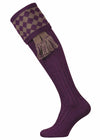 Full length knitted shooting sock in purple with grey chessboard pattern and optional garter