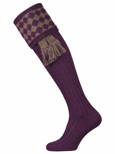 Full length knitted shooting sock in purple with grey chessboard pattern and optional garter