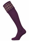 Full length knitted shooting sock in purple with grey chessboard pattern.